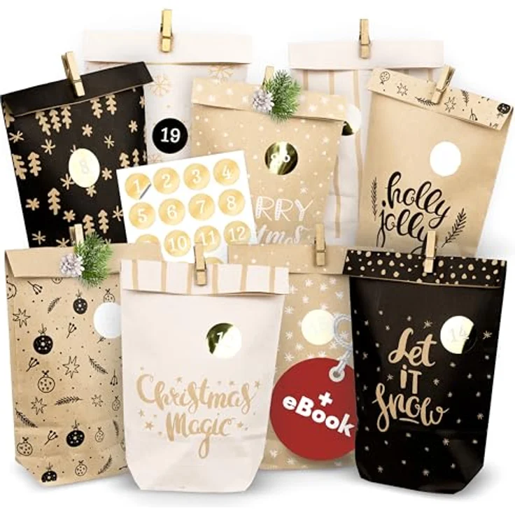 Amari Adventskalender zum Befüllen - 24 Papier Adventstüten (mit Holzklammern) zum Basteln für Weihnachten - Papier Weihnachtstüten mit Zahlenaufkleber – Bild 1