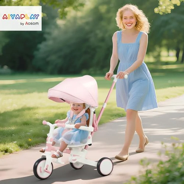 AIYAPLAY Dreirad 5-in-1 mit Schubstange, faltbar, reversibler Sitz, Fußstütze, ausziehbares Sonnendach, Sicherheitsgurt, rosa, für 1-3 Jahre – Bild 2