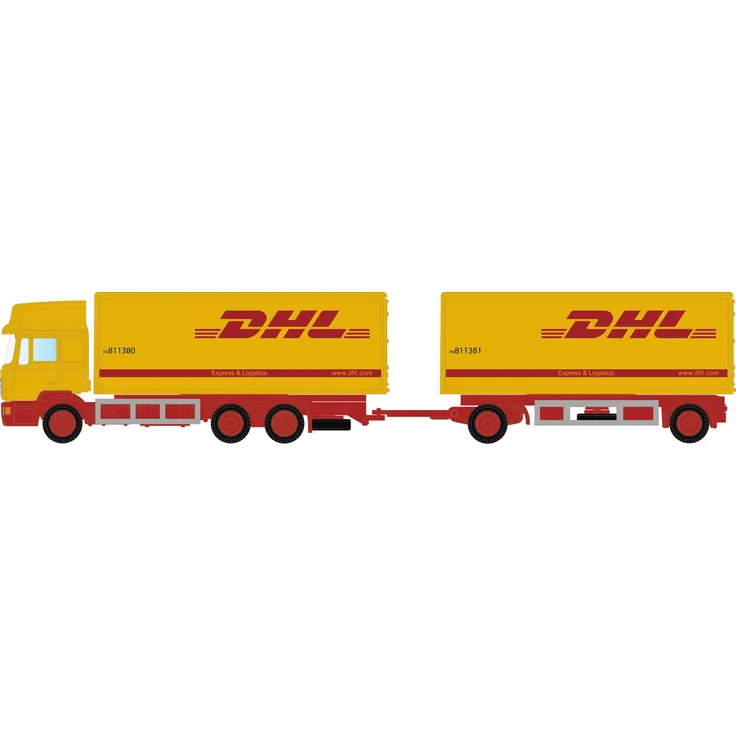 Lemke MAN F90 3-achs Koffer-Hängerzug DHL, N LKW Modell, Maßstab 1:160