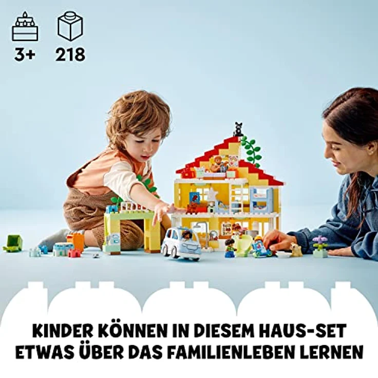 LEGO 10994 DUPLO 3-in-1-Familienhaus, Puppenhaus aus Bausteinen mit Push&Go Auto, 5 Figuren, 2 Tieren und Spielzeug-Lampe, Spielhaus Geschenk für Kleinkinder, Mädchen und Jungen ab 3 Jahren – Bild 2