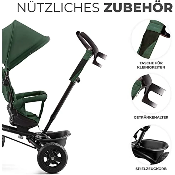 kk Kinderkraft Kinderkraft AVEO Dreirad ab 9 Monate bis 25 kg, Grün - Dreirad mit schubstange, Kompakte zusammenklappen, drehbarer Sitz, ausklappbares Verdeck mit sonnenschutz, Getränkehalter korb im set – Bild 4