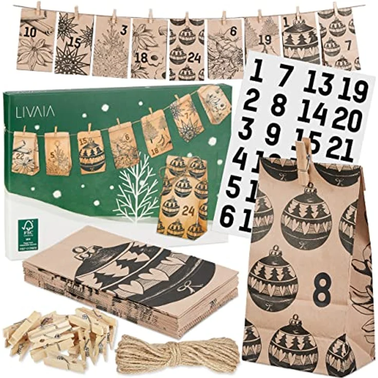 LIVAIA Adventskalender zum Befüllen 2023 – Papiertüten, Zahlen Aufkleber, Band, Holz Klammern – DIY Bastelset mit weihnachtlichen Motiven – Bild 1