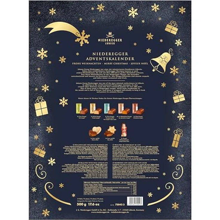Niederegger Nougat Adventskalender, 500g mit 24 Türchen, Weihnachtsbaum-Motiv in Gold, gefüllt mit Nougatpralinen und Vollmilchschokolade – Bild 2