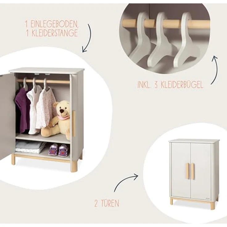 Pinolino Puppenschrank Malea, 4-tlg. mit 1 Einlegeboden, 1 Kleiderstange inkl. 3 Kleiderbügel, Beige – Bild 4