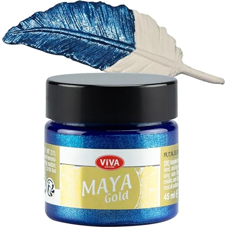 Viva Decor Maya Gold 45ml (Blau), Metallic-Acrylfarbe für Holz, Glas und Porzellan, stoßfest, wischfest und wetterfest – Bild 1