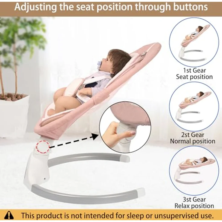 JFOVMCYG Elektrische Babywippe für Säuglinge bis 9 kg, klappbar, mit Fernbedienung & Bluetooth, 5 Schaukelgeschwindigkeiten, 3 Sitzpositionen, Timer-Funktion – Bild 3