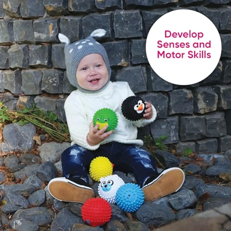Edushape Sansebolde mit Tiergesichtern, 3er Set Sensorikbälle für Babys ab 0+ Jahren – Bild 4