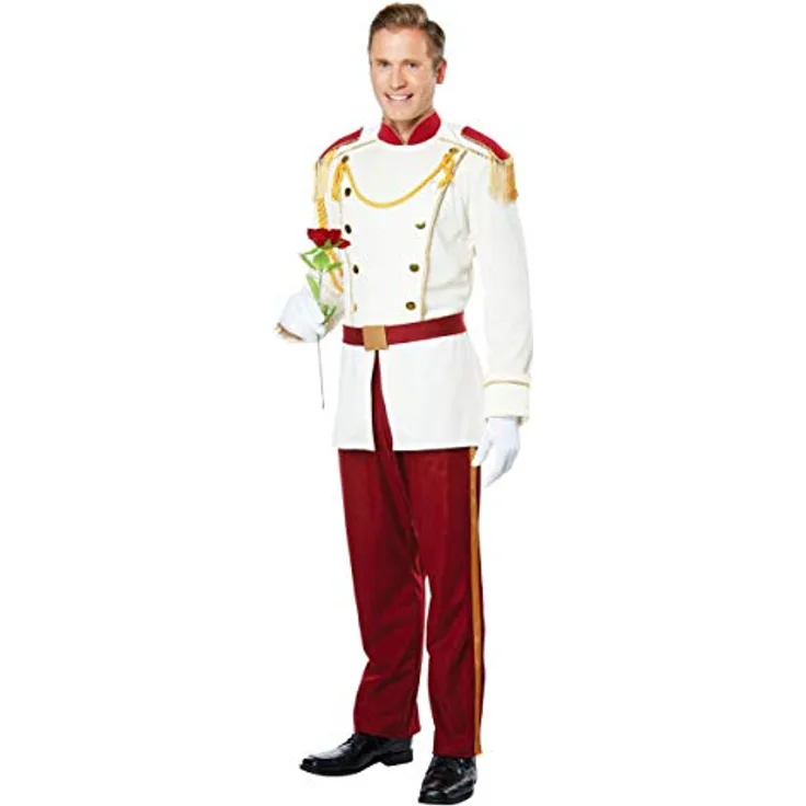 Metamorph Prince Charming Märchenkostüm, Kostüm-Set aus weißer Gardejacke und Uniformhose, Größe L, mit rotem Gürtel und abnehmbaren Epauletten