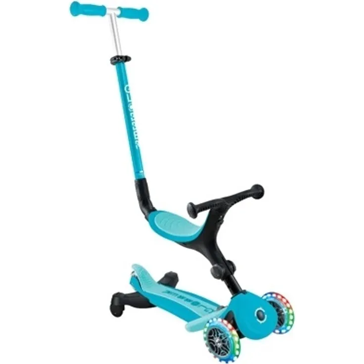 Globber Go Up Active Lights 360 aqua, 3-in-1 Scooter mit LED-Rädern und 360°-Elternlenkung