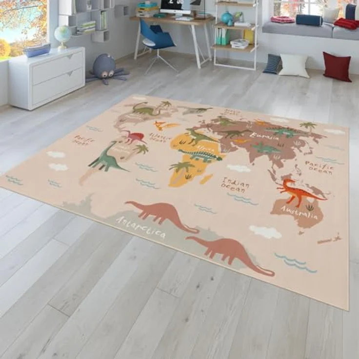 TT Home Kinderteppich, rutschfest, Weltkarte mit Tieren und Autos, Farbe: Grün Beige Braun, 100x200 cm – Bild 1