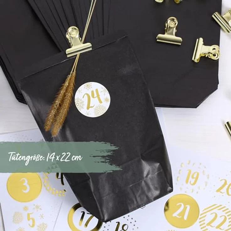 PAPIERDRACHEN Extravaganter Adventskalender zum Befüllen - mit 24 schwarzen Geschenktüten und 24 Zahlenaufklebern und Klammern - Motiv Elegance - zum Basteln und Verschenken - Weihnachten & Advent – Bild 4