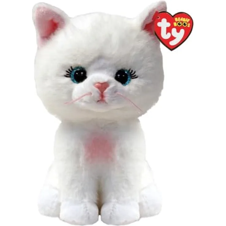 TY Beanie Boos Amelia, Plüschtier Katze mit großen glitzernden blauen Augen, 15 cm, weiß-rosa