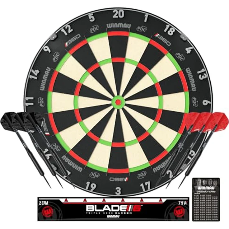 WINMAU Blade 360 Triple Core Carbon Dartscheibe Set, professionelle Steeldart mit zwei 19 g Darts, schwarzen und roten Flights, Checkout Karte und Zubehör – Bild 1