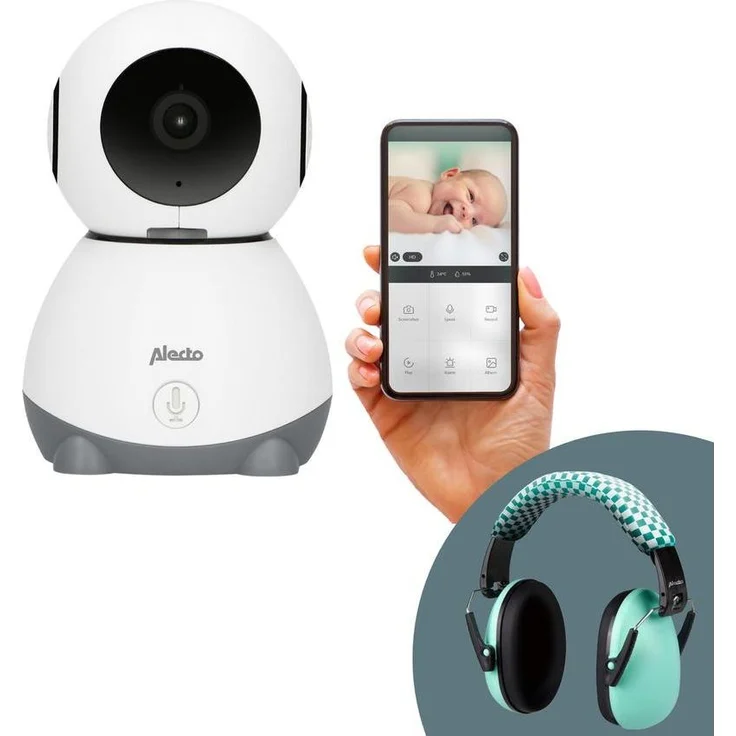 Alecto SMARTBABY10, WiFi-Babyphone mit Full HD Kamera, Infrarot-Nachtsicht, Speakback-Funktion, grau und mintgrün Kinderhörschutz-Aufsätze