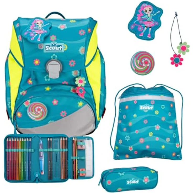 SCOUT Alpha Set 4-teilig Little Flowers, Schulranzen mit reflektierenden Elementen, 28 x 40 x 17 cm – Bild 1