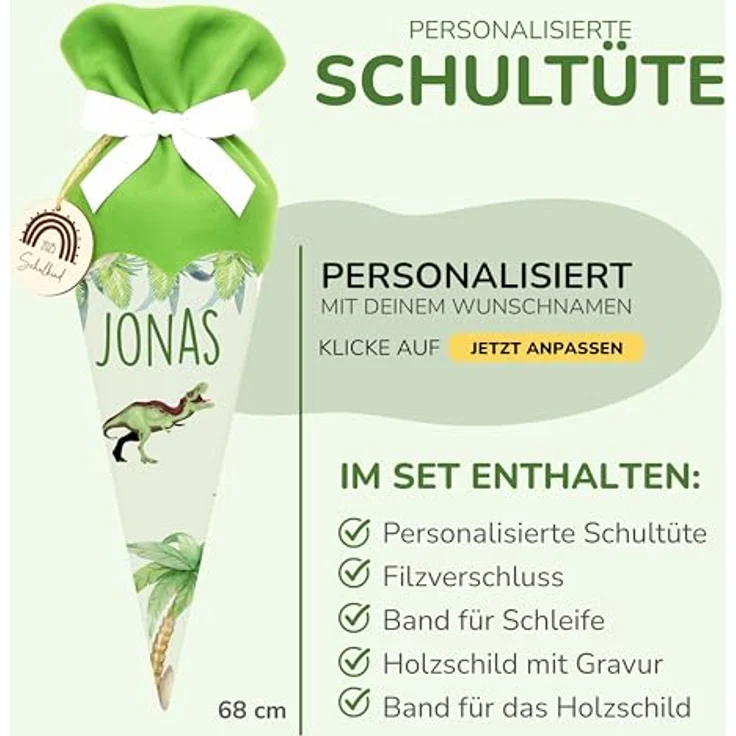 Kidsmood Dinosaurier Schultüte, personalisiert mit Namen, hochwertiges Bastelset inkl. Rohling, Stoff & Holzschild, uriges Dino Design für Einschulung 2026, ideales Geschenk für Jungen – Bild 2