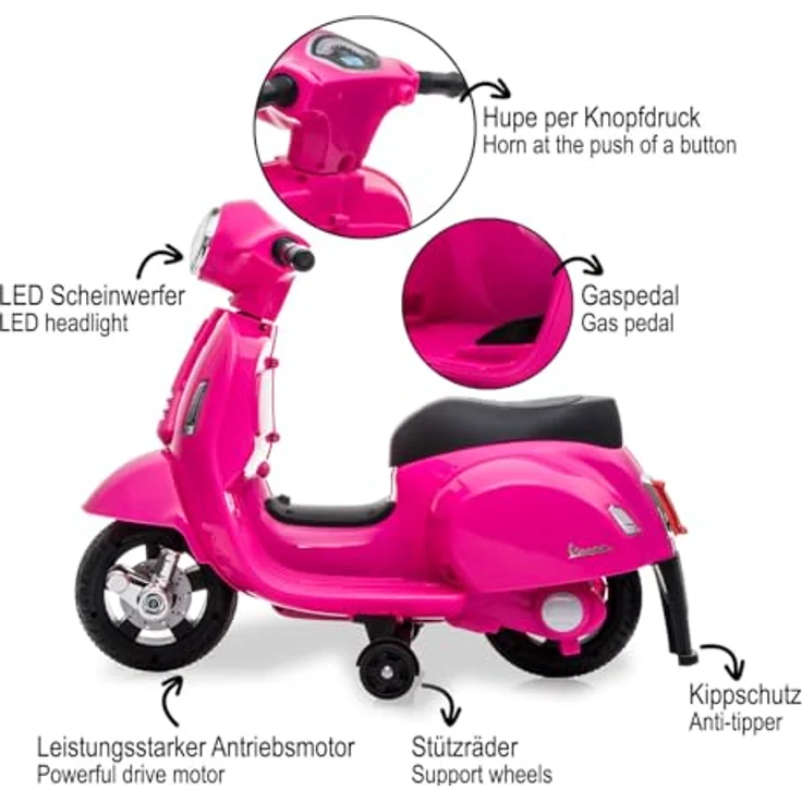 JAMARA Ride-on Vespa Mini pink, Elektrofahrzeug mit 8,4V Li-Ion Akku, Kippschutz und LED Scheinwerfer – Bild 4
