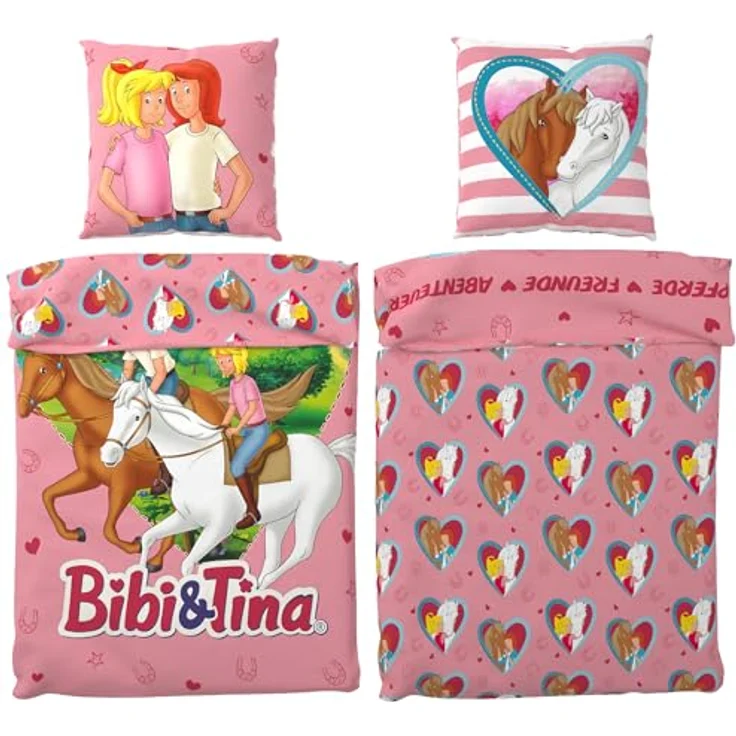BERONAGE Bibi und Tina Kinderbettwäsche Herz - 135 x 200 cm + 80 x 80 cm – 100% Baumwolle Renforcé-Linon – Bettwäsche mit Motiven von Amadeus & Sabrina - Reiten - Reißverschluss, deutsche Größe - Bezaubernde Pferde-Bettwäsche in Linon-Qualität – Bild 1