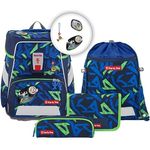 Step by Step Schulranzen-Set Space Soccer Ben, 5-teilig, blau-grün, ergonomischer Tornister mit Reflektoren, höhenverstellbar mit Hüftgurt, ab der 1. bis 4. Klasse, 20l