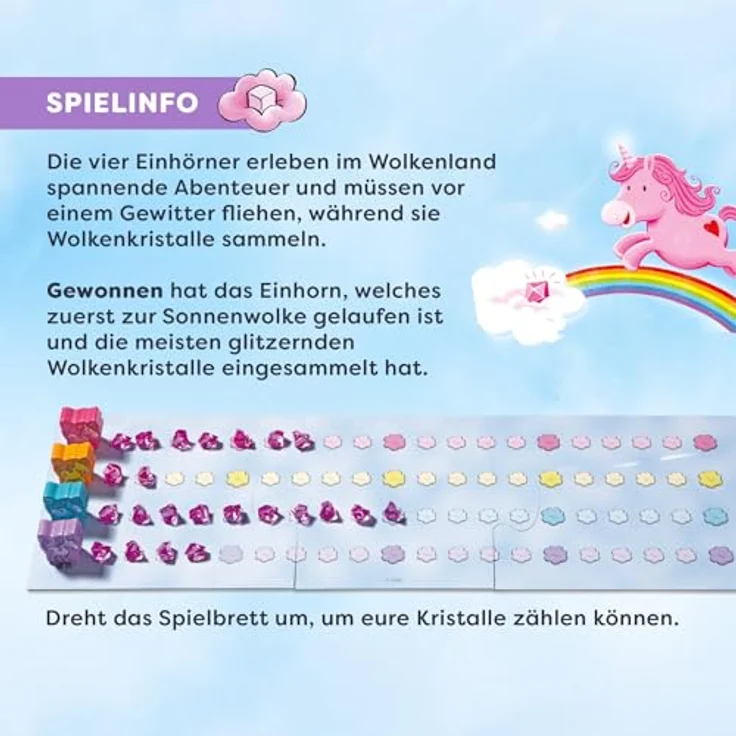 HABA Einhorn Glitzerglück Der Wolkenschatz, Sammelspiel für 2-4 Spieler ab 3 Jahren mit 60 glitzernden Wolkenkristallen und 4 Einhörnern – Bild 5
