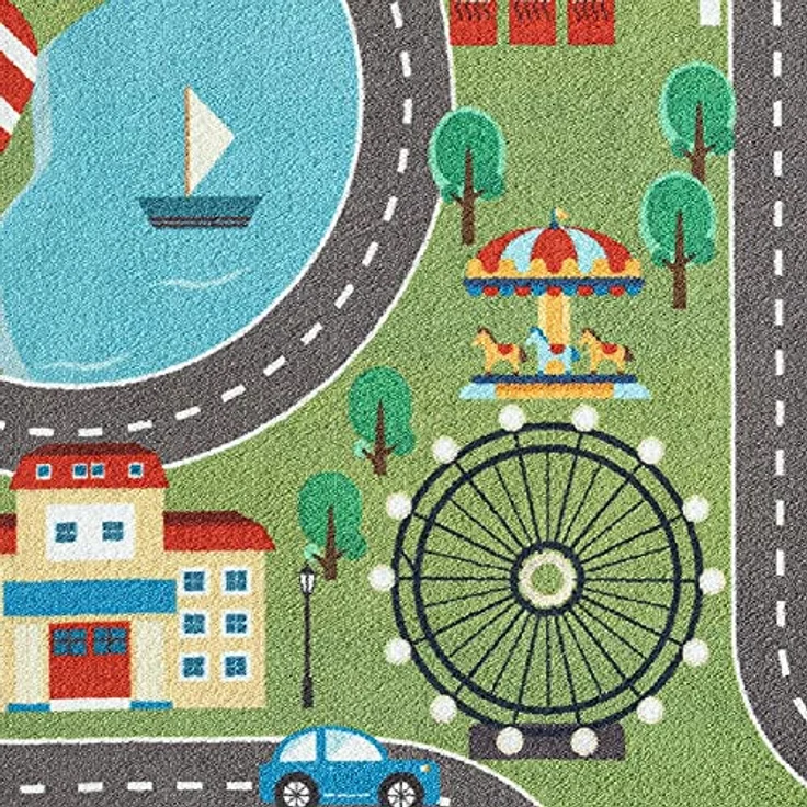 Teppich-Traum Kinder Spielteppich, Stadtlandschaft auf Wiese in grün, Flachgewebe, 160x220 cm, rutschfest, OEKO-TEX 100 zertifiziert – Bild 2