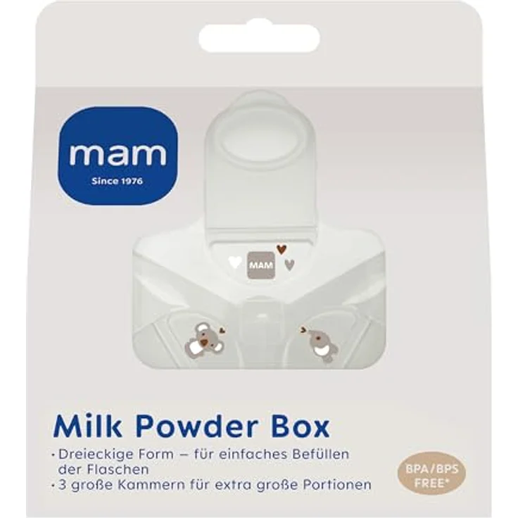 MAM Milchpulverspender, Milchpulver Box zum einfachen Befüllen von Babyflaschen, Milchpulverportionierer fasst bis zu 3 Portionen, 0+ Monate, Koala/Elefant – Bild 3