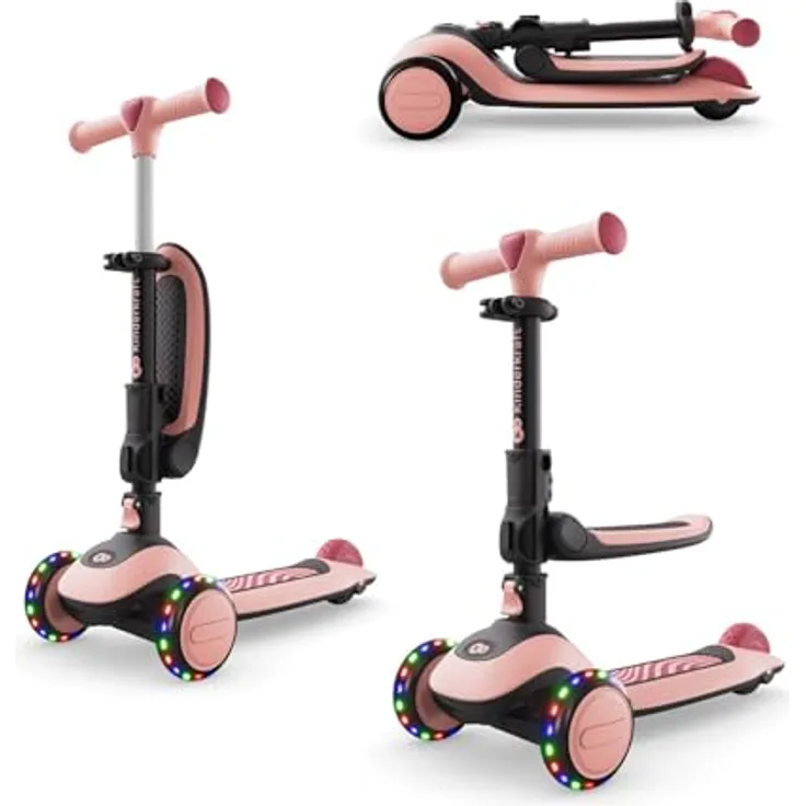 Kinderkraft HALLEY 2, 2-in-1 Balance-Kinderroller mit höhenverstellbarem Sitz (25–33 cm), klappbar, 4 Lenkerhöhen, LED-Räder, Rosa
