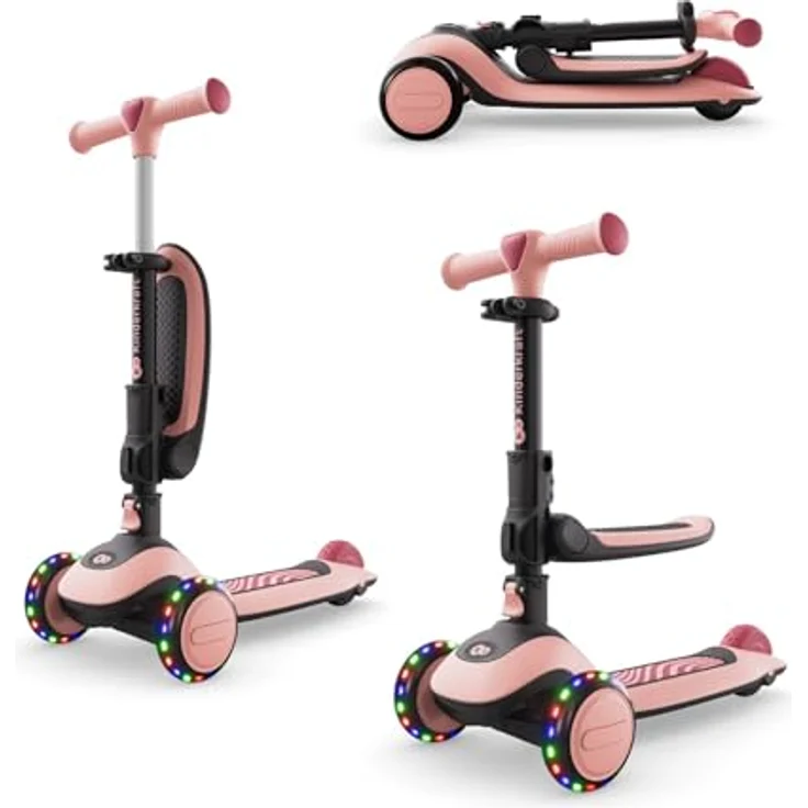 Kinderkraft HALLEY 2, 2-in-1 Balance-Kinderroller mit höhenverstellbarem Sitz (25–33 cm), klappbar, 4 Lenkerhöhen, LED-Räder, Rosa – Bild 1