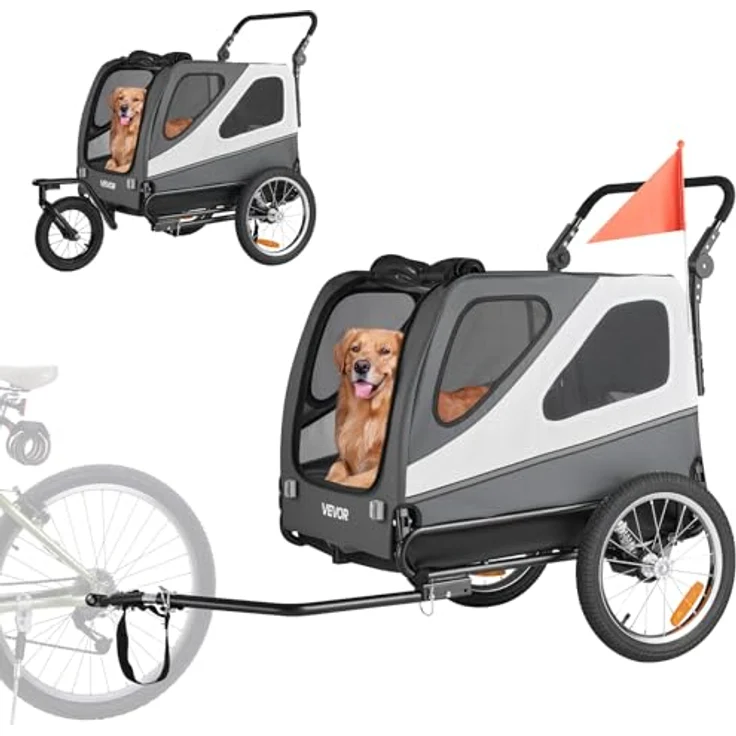 VEVOR Hundeanhänger, 2-in-1 Fahrradanhänger bis 45 kg für kleine & große Hunde, klappbarer Stahlrahmen, universelle Kupplung, inkl. Flagge & interne Leine, 1390x770x845 mm – Bild 9