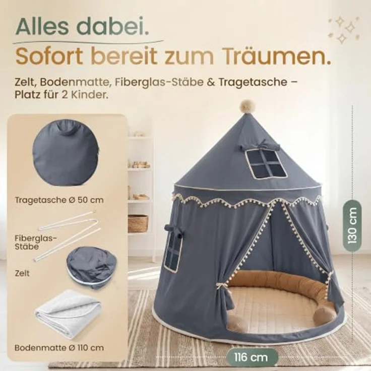ALRITHO® Spielzelt Kinder, Silky-Cotton in Nachtgrau 110x110x130cm, Indoor-Kuschelhöhle mit TripleAir-Effect und gemütlicher Bodenmatte, inkl. Tragetasche – Bild 4