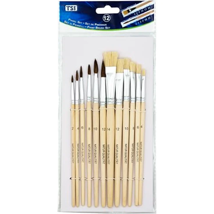 TSI Schulmalpinsel-Set Natur 12tlg, 6 Haarpinsel (Größe 2,4,6,8,10,12) und 6 Borstenpinsel (Größe 4,6,8,10,12,14), Holzstiele naturbelassen – Bild 2