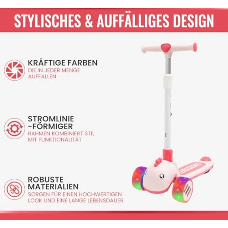 Habib Gruppe Kinderroller Tretroller 3-Rad LED Roller, Höhenverstellbar & Faltbar, Tierdesign, pink für Mädchen & Jungen (3-8 Jahre) – Bild 3