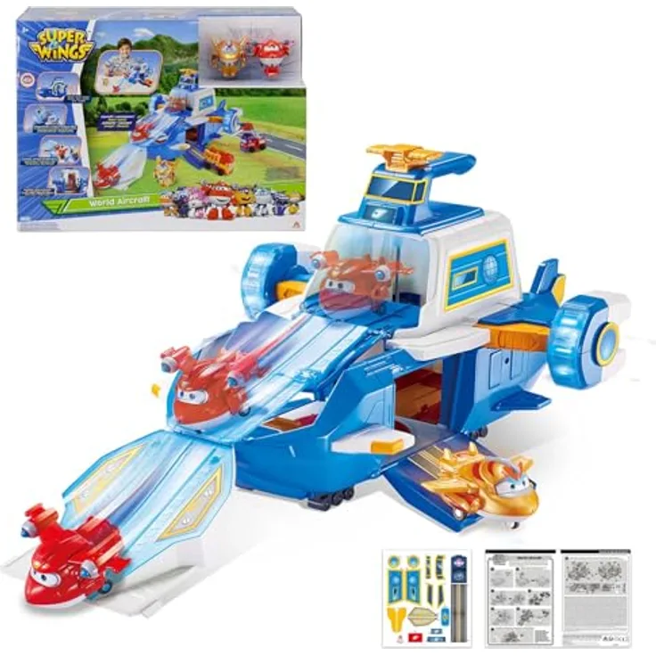 Auldey Toys Großes SuperWings-Crewflugzeug Playset mit 2 Transform-a-Bots Figuren Jett Detek und Golden Boy, für Kinder ab 3 Jahren