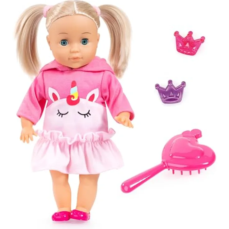 Bayer Design Charlene 33cm Little Love Puppe Haarpuppe Kleid Einhorn rosa, Anziehpuppe mit Küsschen-Geräusch