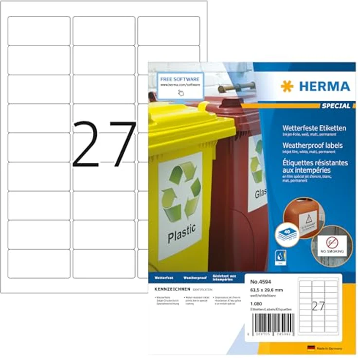 HERMA 1.080 wetterfeste Folienetiketten 4594, selbstklebend, weiß, 63,5 x 29,6 mm, matte Oberfläche, abwaschbar – Bild 2