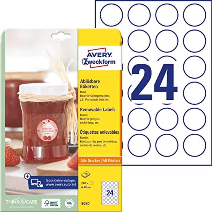 AVERY Zweckform Etiketten 5080, selbstklebende, weiße Etiketten 40,0 x 40,0 mm, 240 Stück, matte Oberfläche, FSC-zertifiziert – Bild 1