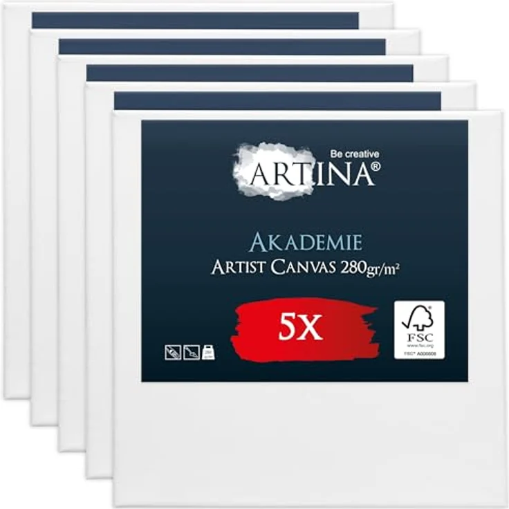 Artina Akademie Keilrahmen 5er Set 40x40 cm, FSC Holz, 100% Baumwolle, 280 g/m², verzugsfrei, 2-fach grundiert, ideal für Anfänger und Profis – Bild 1