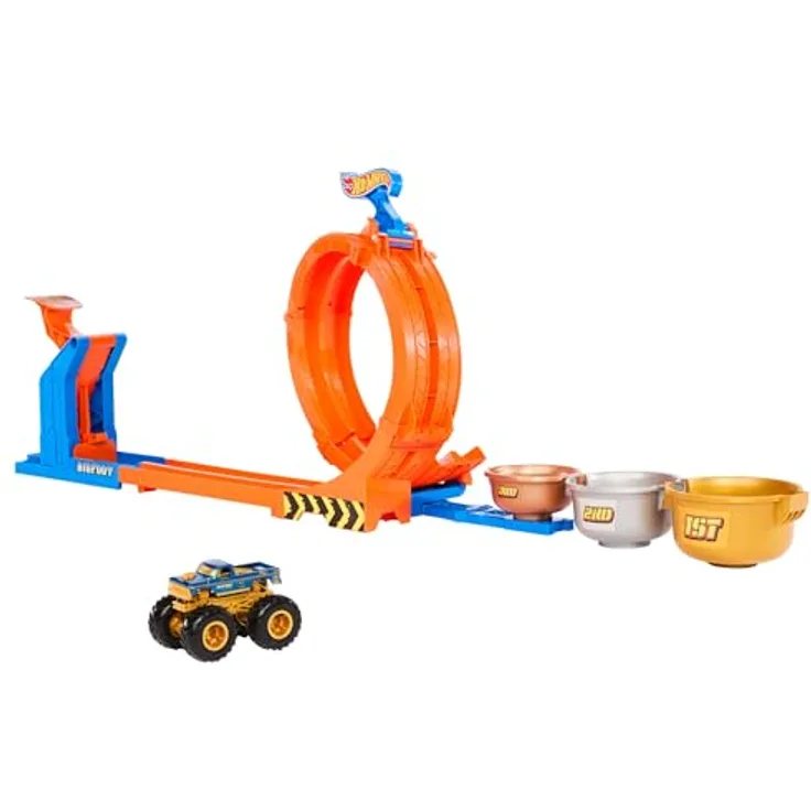 Hot Wheels Monster Trucks Loop & Flip Challenge, Autorennbahn mit 2 Spielmöglichkeiten, Bigfoot Die-Cast im Jubiläumsdesign, 1:64 Maßstab