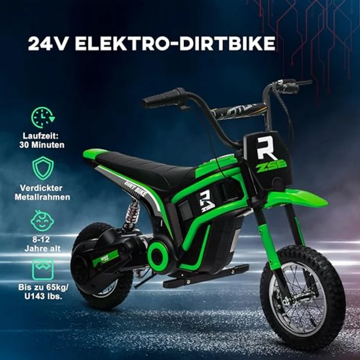 HOMCOM Elektro-Kindermotorrad Kinderfahrzeug Kunststoff Grün, 24V Motor, integrierte Musik, für Kinder 8-12 Jahre – Bild 6