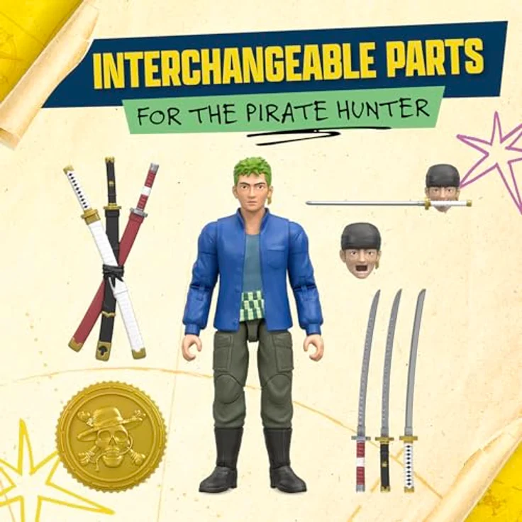 One Piece Zorro Actionfigur, 15,24 cm, mit 5 Zubehörteilen, austauschbare Schwerter, austauschbares Gesicht und Berry-Münzen-Sockel – Bild 3