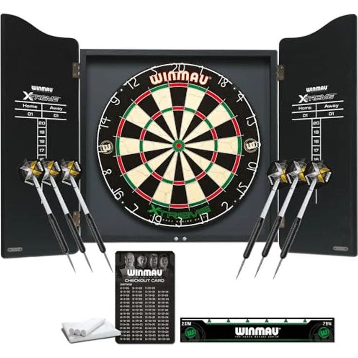 WINMAU Xtreme Dartscheibe, Schrank und Dartset mit Zubehör, 2 Dartsets, Oche-Streifen und Markierungskreide – Bild 4
