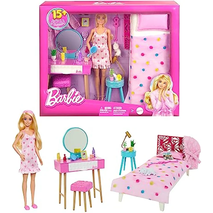 BARBIE Schlafzimmer-Spielset - Puppe, Bett, Schminktisch, Kätzchen und 20 Zubehörteile kreatives Spielen, inklusive flauschigem Bademantel und Hausschuhen, für Kinder ab 3 Jahren, HPT55 – Bild 1