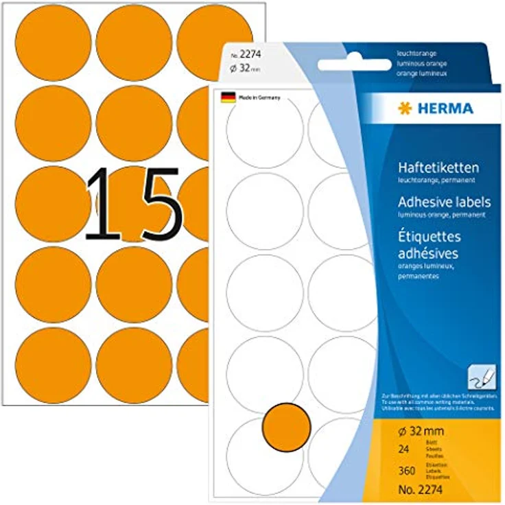 HERMA 2274 Punktaufkleber Klebepunkte leuchtorange, 360 Stück, Ø 32 mm, 15 pro Bogen, selbstklebend, Markierungspunkte für Kalender Planer Basteln, matt, blanko Papier Farbpunkte Aufkleber – Bild 1