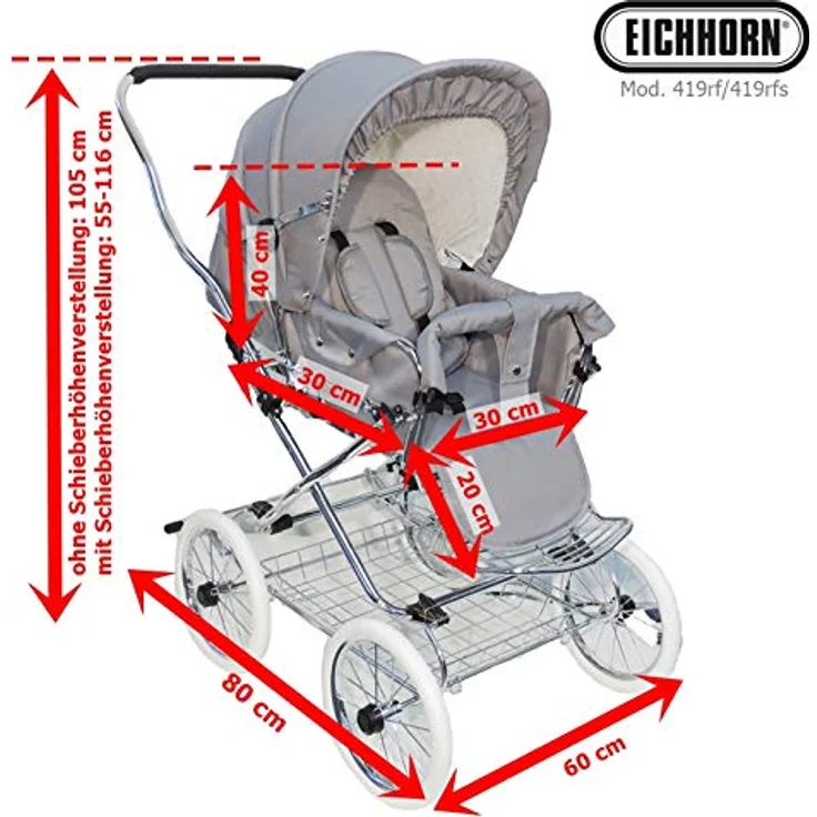 Eichhorn Buggy Sportwagen mit Lederriemengestell und Schieberhöhenverstellung, Blickrichtung wechselbar, Stoff Schwarz (ECCO-Rad) – Bild 5