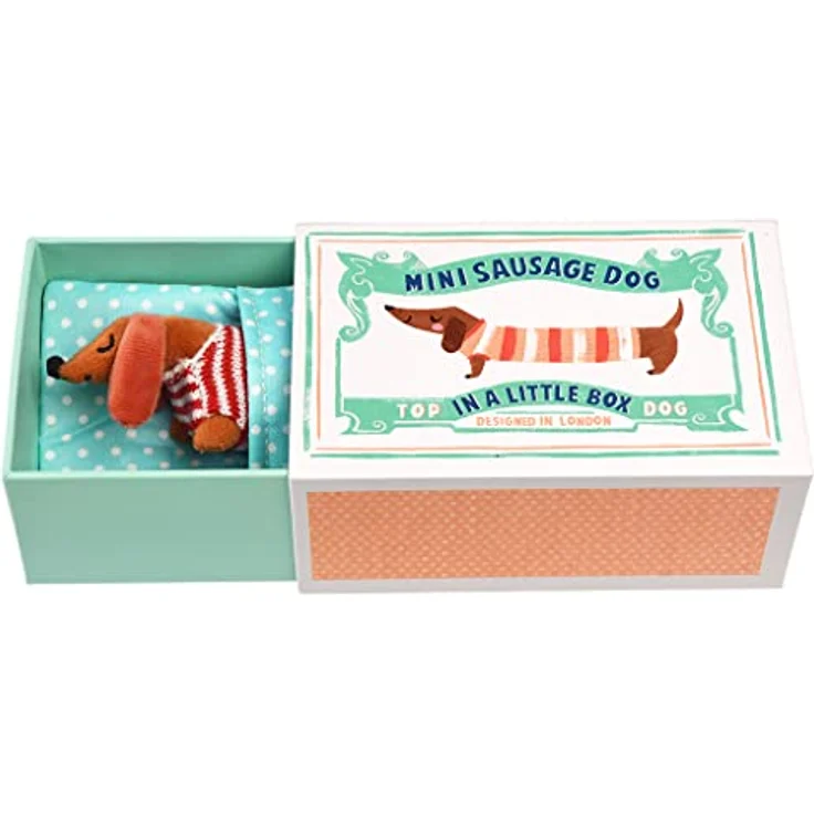 Rex London - Mini-Wursthund in kleiner Box 'Pear', mit gestreiftem Pullover und gepunkteter Decke – Bild 2