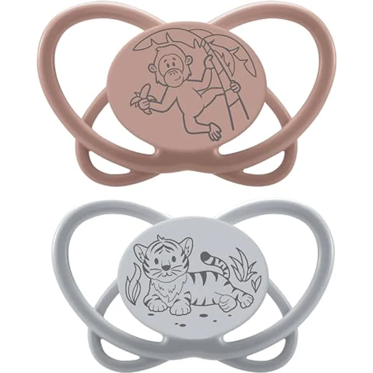 nip Butterfly, 2er Pack Stillfreundlicher, zahnfreundlicher Babyschnuller mit weichem Silikonsauger, Braun/Grau, für 16-32 Monate inkl. Schnullerbox