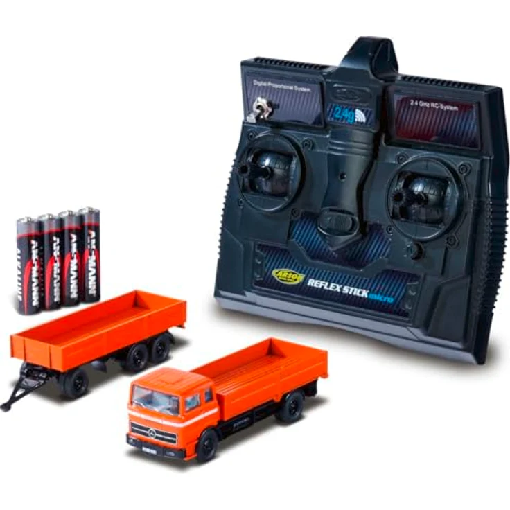 Carson 1:87 MB 1620 Pritsche mit Anhänger, ferngesteuertes Modell, 100% orange, 60 Minuten Fahrzeit, 2,4GHz Fernsteueranlage, LED-Beleuchtung – Bild 1