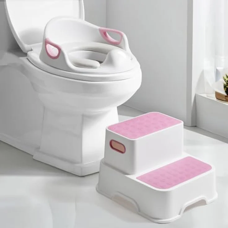 DEANIC Toilettensitz für Kinder mit Tritthocker und 2 Stufen Hocker, bequem mit Spritzschutz, rosa – Bild 1