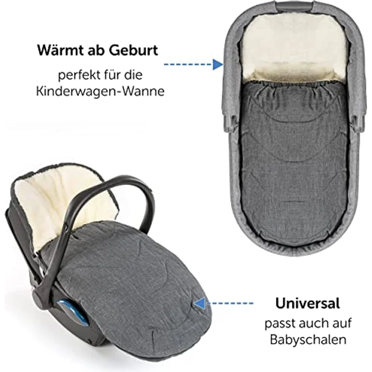 Zamboo Universal Fußsack für Babyschale, Kinderwagen Wanne und Buggy - 2in1 Winterfußsack und Sitzauflage aus kuscheligem Fleece, Baby Fusssack mit Kapuze und Tasche - Grau – Bild 2