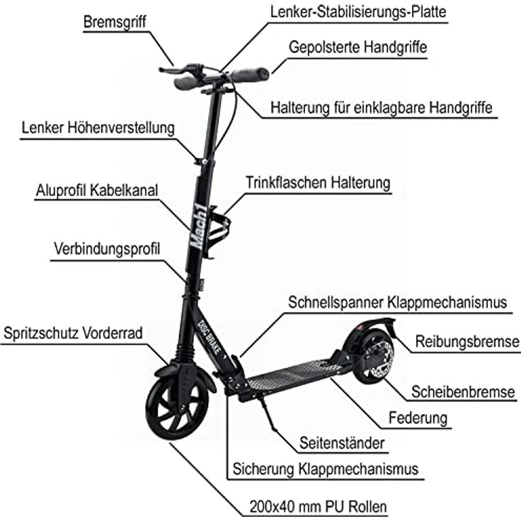 Mach1 Cityroller Kickscooter mit 200x40mm XXL Rollen, Scheibenbremse und höhenverstellbarem Lenker – Bild 2